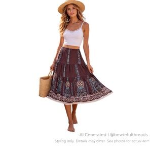 Boho Festival Tiered Cotton Skirt Brown Turquoise Embroidery S/M